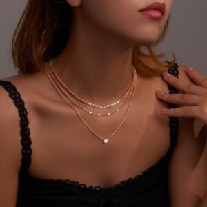 WomenGifts Layered Gold Necklaces for Women, 14K Gold Sterling Silver Plated Dainty Pendant Necklace Set with Cubic Zirconia Circle Style 5