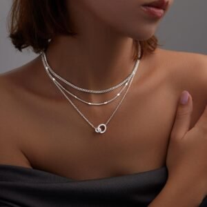 WomenGifts Layered Gold Necklaces for Women, 14K Gold Sterling Silver Plated Dainty Pendant Necklace Set with Cubic Zirconia Circle Style 7